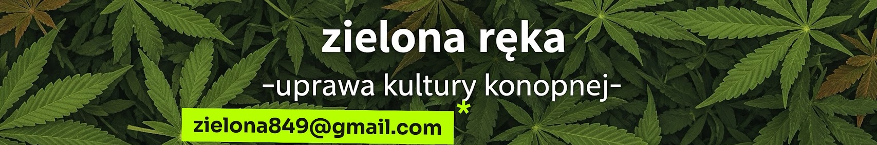 Zielona Ręka — baner z liśćmi konopi i adresem e-mail